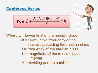 Continues Series
Px =
Where L = Lower limit of the median class
cf = Cumulative frequency of the
classes preceding the median class
f = frequency of the median class
h = magnitude of the median class
interval
X = dividing portion number
h
f
cfNX
L
)100/(