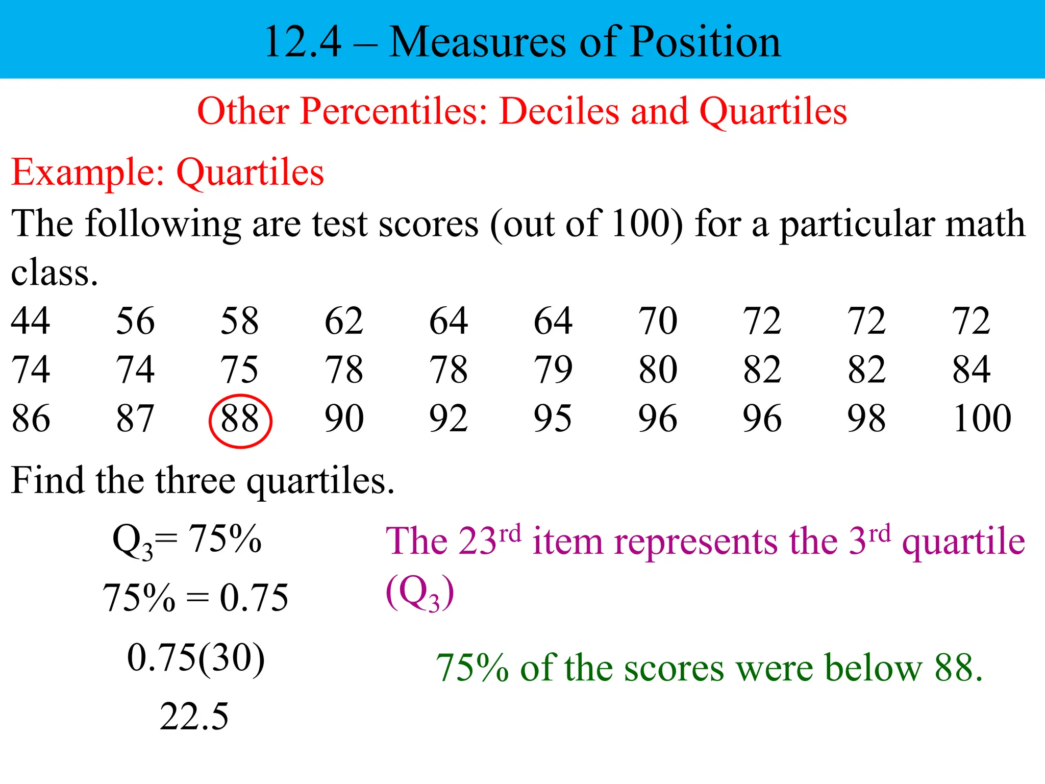 Example: Quartiles
The following are test scores (out of 100) for a particular math
class.
44 56 58 62 64 64 70 72 72 72
74 74 75 78 78 79 80 82 82 84
86 87 88 90 92 95 96 96 98 100
Find the three quartiles.
Other Percentiles: Deciles and Quartiles
12.4 – Measures of Position
Q3= 75%
75% = 0.75
0.75(30)
22.5
The 23rd item represents the 3rd quartile
(Q3)
75% of the scores were below 88.
 
