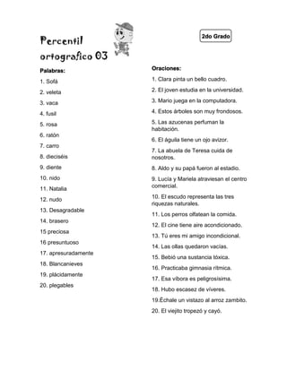 Percentil
ortografico 03
Palabras:
1. Sofá
2. veleta
3. vaca
4. fusil
5. rosa
6. ratón
7. carro
8. dieciséis
9. diente
10. nido
11. Natalia
12. nudo
13. Desagradable
14. brasero
15 preciosa
16 presuntuoso
17. apresuradamente
18. Blancanieves
19. plácidamente
20. plegables
2do Grado
Oraciones:
1. Clara pinta un bello cuadro.
2. El joven estudia en la universidad.
3. Mario juega en la computadora.
4. Estos árboles son muy frondosos.
5. Las azucenas perfuman la
habitación.
6. El águila tiene un ojo avizor.
7. La abuela de Teresa cuida de
nosotros.
8. Aldo y su papá fueron al estadio.
9. Lucía y Mariela atraviesan el centro
comercial.
10. El escudo representa las tres
riquezas naturales.
11. Los perros olfatean la comida.
12. El cine tiene aire acondicionado.
13. Tú eres mi amigo incondicional.
14. Las ollas quedaron vacías.
15. Bebió una sustancia tóxica.
16. Practicaba gimnasia rítmica.
17. Esa víbora es peligrosísima.
18. Hubo escasez de víveres.
19.Échale un vistazo al arroz zambito.
20. El viejito tropezó y cayó.
 