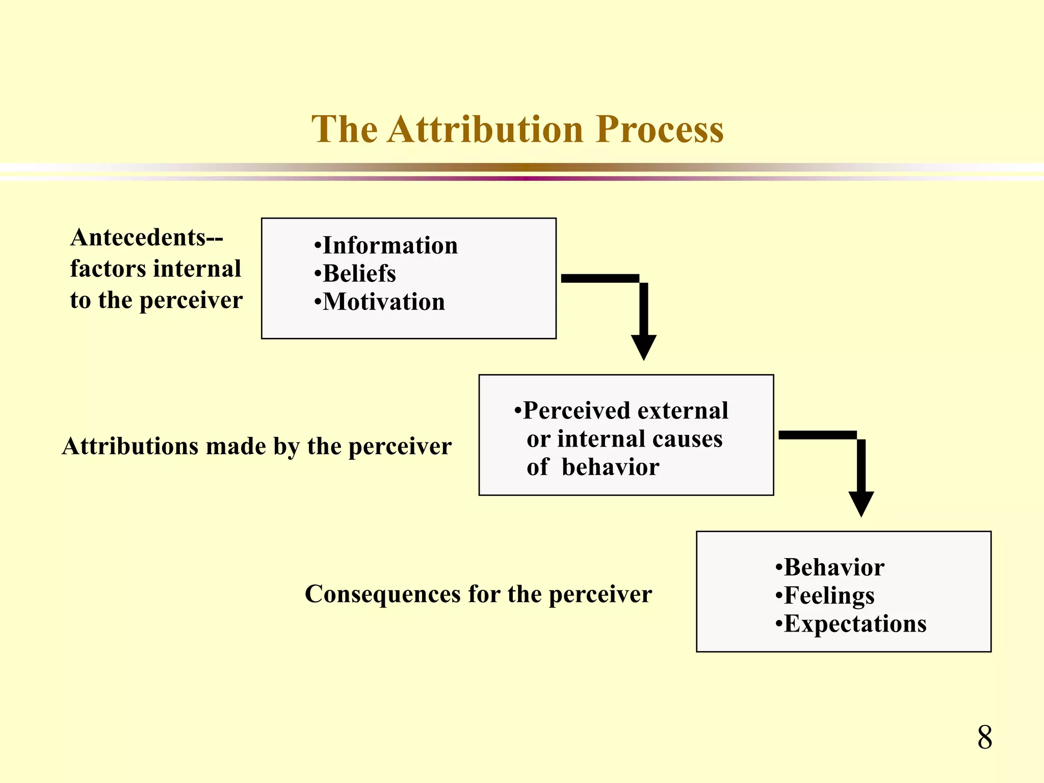 8
The Attribution Process
Antecedents--
factors internal
to the perceiver
Attributions made by the perceiver
Consequences for the perceiver
•Information
•Beliefs
•Motivation
•Perceived external
or internal causes
of behavior
•Behavior
•Feelings
•Expectations
 