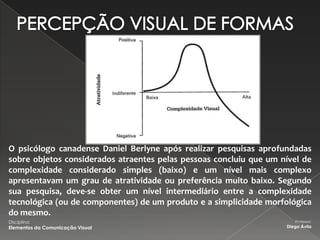 O psicólogo canadense Daniel Berlyne após realizar pesquisas aprofundadas
sobre objetos considerados atraentes pelas pessoas concluiu que um nível de
complexidade considerado simples (baixo) e um nível mais complexo
apresentavam um grau de atratividade ou preferência muito baixo. Segundo
sua pesquisa, deve-se obter um nível intermediário entre a complexidade
tecnológica (ou de componentes) de um produto e a simplicidade morfológica
do mesmo.
Disciplina:                                                            Professor:
Elementos da Comunicação Visual                                     Diego Ávila
 