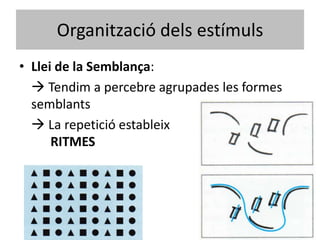 Organització dels estímuls
• Llei de la Semblança:
   Tendim a percebre agrupades les formes
  semblants
   La repetició estableix
      RITMES
 