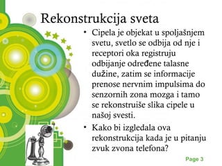 Rekonstrukcija sveta 
• Cipela je objekat u spoljašnjem 
svetu, svetlo se odbija od nje i 
receptori oka registruju 
odbijanje određene talasne 
dužine, zatim se informacije 
prenose nervnim impulsima do 
senzornih zona mozga i tamo 
se rekonstruiše slika cipele u 
našoj svesti. 
• Kako bi izgledala ova 
rekonstrukcija kada je u pitanju 
zvuk zvona telefona? 
Powerpoint Templates Page 3 
 