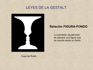 LEYES DE LA GESTALT
Copa de Rubin
Relación FIGURA-FONDO
Lo percibido visualmente
es siempre una figura que
se recorta sobre un fondo.
 