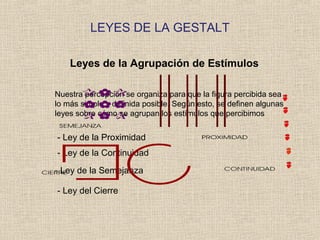 LEYES DE LA GESTALT
Leyes de la Agrupación de Estímulos
Nuestra percepción se organiza para que la figura percibida sea
lo más simple y definida posible. Según esto, se definen algunas
leyes sobre cómo se agrupan los estímulos que percibimos
- Ley de la Proximidad
- Ley de la Continuidad
- Ley de la Semejanza
- Ley del Cierre
 