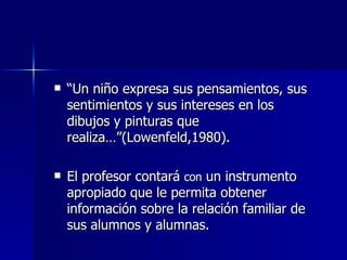 “ Un niño expresa sus pensamientos, sus sentimientos y sus intereses en los dibujos y pinturas que realiza…”(Lowenfeld,1980). El profesor contará  con  un instrumento apropiado que le permita obtener información sobre la relación familiar de sus alumnos y alumnas. 