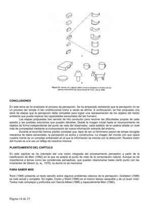 CONCLUSIONES

En este tema se ha analizado el proceso de percepción. Se ha empezado señalando que la percepción no es
un proceso tan simple ni tan unidireccional como a veces se afirma. A continuación, se han propuesto una
serie de etapas que la percepción debe completar para lograr una representación de los objetos del medio
ambiente que pueda explicar las capacidades sensoriales del ser humano.
        Las etapas propuestas han servido de hilo conductor para recorrer las dificultades propias de cada
estadio y las posibles soluciones que pueden dárseles. Desde la imagen inicial hasta el reconocimiento de
objetos de forma independiente del punto de vista del observador, cada eslabón de la cadena añade un nivel
más de complejidad mediante la incorporación de nueva información extraída del entorno.
        Durante el recorrido hemos podido constatar que, lejos de ser un fenómeno pasivo de simple recogida
mecánica de datos sensoriales, la percepción es activa y constructiva. La imagen del mundo con que opera
nuestra mente es un complejo entramado en el que la información se mezcla con la deducción. Nuestra visión
del mundo es a la vez un reflejo de nosotros mismos.

PLANTEAMIENTO DEL CAPÍTULO

En este capítulo se ha intentado dar una visión integrada del procesamiento perceptivo a partir de la
clasificación de Marr (1982) en la que se acepta el punto de vista de la computación natural. Aunque se da
importancia a temas como las constancias perceptivas, que pueden relacionarse hasta cierto punto con las
invariantes de Gibson (p. ej., 1979), su teoría no se menciona.

PARA SABER MÁS

Rock (1984) presenta un texto sencillo sobre algunos problemas clásicos de la percepción. Goldstein (1988)
es más actual y completo. En inglés, Coren y Ward (1989) es al mismo tiempo asequible y de un buen nivel.
Textos más complejos y profundos son García-Albea (1986) y especialmente Marr (1982).




Página 14 de 15
 