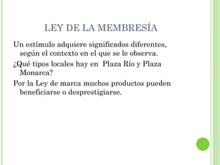 LEY DE LA MEMBRESÍA Un estímulo adquiere significados diferentes, según el contexto en el que se le observa. ¿Qué tipos locales hay en  Plaza Río y Plaza Monarca? Por la Ley de marca muchos productos pueden beneficiarse o desprestigiarse. 