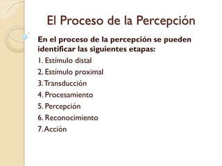 El Proceso de la Percepción
 El cerebro no tiene acceso directo a cuanto
acontece en el mundo externo, a menos que
esos eventos del mundo sean traducidos por
los órganos de los sentidos
 Diferentes tipos de energías del medio
ambiente (ondas electromagnéticas en la
visión, ondas de presión en la audición,
deformación mecánica de la piel en el tacto,
moléculas químicas en el aire para el olfato)
revelan cosas del mundo
 