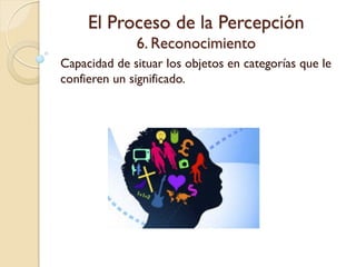 El Proceso de la Percepción
6. Reconocimiento
Capacidad de situar los objetos en categorías
que le confieren un significado.
 