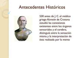 Antecedentes Históricos
530 antes de J. C. el
médico griego Alcmeón de
Crotona estudió las
conexiones existentes
entre los órganos
sensoriales y el cerebro,
distinguió entre la
sensación misma y la
interpretación de ésta
realizada por la mente
 