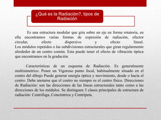 ¿Qué es la Radiación?, tipos de
                      Radiación


        Es una estructura modular que gira sobre un eje en forma rotatoria, en
ella encontramos varias formas de expresión de radiación, efector
circular,       efecto        dispersivo         y        efecto         lineal.
Los módulos repetidos o las subdivisiones estructurales que giran regularmente
alrededor de un centro común. Esta puede tener el efecto de vibración óptica
que encontramos en la gradación.

       Características de un esquema de Radiación. Es generalmente
multisimetrico. Posee un Vigoroso punto focal, habitualmente situado en el
centro del dibujo Puede generar energía óptica y movimiento, desde o hacia el
centro. Debe anotarse que el centro no siempre es el centro físico. Direcciones
de Radiación: son las direcciones de las líneas estructurales tanto como a las
direcciones de los módulos. Se distinguen 3 clases principales de estructura de
radiación: Centrifuga, Concéntrica y Centrípeta.
 