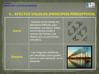 Unidad 1:
PERCEPCIÓN Y LECTURA DE IMÁGENES




    5.- EFECTOS VISUALES (PRINCIPIOS PERCEPTIVOS)

                         •Nuestra mente añade los
                         elementos faltantes para
                         completar una figura. Existe
        Cierre           una tendencia innata a
                         concluir las formas y los
                         objetos que no percibimos
                         completos.




                         •Las imágenes simétricas
                         son percibidas como iguales,
       Simetría          como un solo elemento, en la
                         distancia.
 