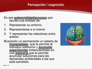 Percepción / cognición


 Es esa potencialidad/proceso que
     faculta una entidad de:
 1. Representar su entorno.
 2. Representarse a sí mismo
 3. Y representar las relaciones entre
     ambos
 Búscando un permanente un estado de
     homeostasis, que le permita al
     individuo sobrevivir y acumular
     experiencias instanciándolas en
     una memoria que le permita
     acumular soluciones para las
     demandas ambientales a las que
     está sometido.
Page  16
 