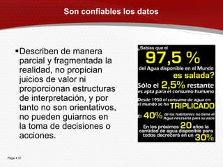 Son confiables los datos



    Describen de manera
     parcial y fragmentada la
     realidad, no propician
     juicios de valor ni
     proporcionan estructuras
     de interpretación, y por
     tanto no son orientativos,
     no pueden guiarnos en
     la toma de decisiones o
     acciones.

Page  31
 