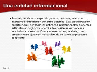Una entidad informacional

             Es cualquier sistema capaz de generar, procesar, evaluar e
              intercambiar información con otros sistemas. Esta caracterización
              permite incluir, dentro de las entidades informacionales, a agentes
              artificiales no orgánicos; además de considerar los procesos
              asociados a la información como automáticos, es decir, como
              procesos cuya ejecución no requiere de un sujeto cognoscente
              consciente.




Page  36
 