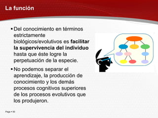 La función


     Del conocimiento en términos
      estrictamente
      biológicos/evolutivos es facilitar
      la supervivencia del individuo
      hasta que éste logre la
      perpetuación de la especie.
     No podemos separar el
      aprendizaje, la producción de
      conocimiento y los demás
      procesos cognitivos superiores
      de los procesos evolutivos que
      los produjeron.
Page  50
 