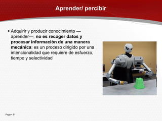 Aprender/ percibir


  Adquirir y producir conocimiento —
   aprender—, no es recoger datos y
   procesar información de una manera
   mecánica: es un proceso dirigido por una
   intencionalidad que requiere de esfuerzo,
   tiempo y selectividad




Page  51
 