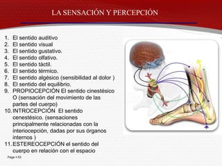 LA SENSACIÓN Y PERCEPCIÓN


1.  El sentido auditivo
2.  El sentido visual
3.  El sentido gustativo.
4.  El sentido olfativo.
5.  El sentido táctil.
6.  El sentido térmico.
7.  El sentido algésico (sensibilidad al dolor )
8.  El sentido del equilibrio.
9.  PROPIOCEPCIÓN El sentido cinestésico
    O (sensación del movimiento de las
    partes del cuerpo)
10. INTROCEPCIÓN El sentido
    cenestésico. (sensaciones
    principalmente relacionadas con la
    interiocepción, dadas por sus órganos
    internos )
11. ESTEREOCEPCIÓN el sentido del
    cuerpo en relación con el espacio
 Page  53
 