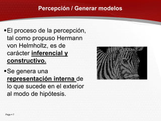 Percepción / Generar modelos


El proceso de la percepción,
 tal como propuso Hermann
 von Helmholtz, es de
 carácter inferencial y
 constructivo.
Se genera una
 representación interna de
 lo que sucede en el exterior
 al modo de hipótesis.


Page  7
 