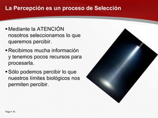 La Percepción es un proceso de Selección


 Mediante la ATENCIÓN
  nosotros seleccionamos lo que
  queremos percibir.
 Recibimos mucha información
  y tenemos pocos recursos para
  procesarla.
 Sólo podemos percibir lo que
  nuestros límites biológicos nos
  permiten percibir.




Page  75
 