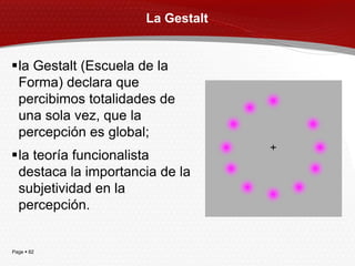 La Gestalt


la Gestalt (Escuela de la
 Forma) declara que
 percibimos totalidades de
 una sola vez, que la
 percepción es global;
la teoría funcionalista
 destaca la importancia de la
 subjetividad en la
 percepción.


Page  82
 