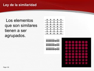 Ley de la similaridad



   Los elementos
  que son similares
  tienen a ser
  agrupados.




Page  90
 