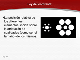 Ley del contraste:



La posición relativa de
 los diferentes
 elementos incide sobre
 la atribución de
 cualidades (como ser el
 tamaño) de los mismos.




Page  95
 