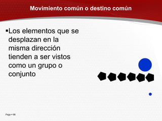 Movimiento común o destino común


Los elementos que se
 desplazan en la
 misma dirección
 tienden a ser vistos
 como un grupo o
 conjunto




Page  98
 
