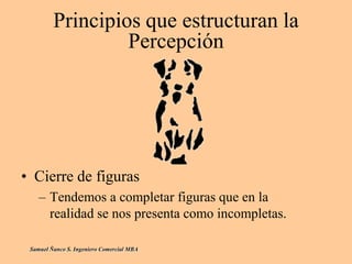 Principios que estructuran la
Percepción
• Cierre de figuras
– Tendemos a completar figuras que en la
realidad se nos presenta como incompletas.
Samuel Ñanco S. Ingeniero Comercial MBA
 