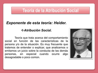 Teoría de la Atribución Social
Exponente de esta teoría: Heider.
Atribución Social.
Teoría que trata acerca del comportamiento
social en función de las características de la
persona y/o de la situación. Es muy frecuente que
tratemos de entender o explicar, que analicemos o
emitamos un juicio sobre la conducta de las demás
personas, en especial cuando ocurre algo
desagradable o poco común.
 