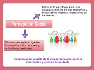 Percepción Social
Proceso que implica organizar
información sobre personas y
atribuirles propiedades.
Elaboramos un modelo de la otra persona al integrar la
información y predecir la conducta
Rama de la psicología social que
estudia la manera en que formamos y
modificamos nuestras impresiones de
los demás.
 