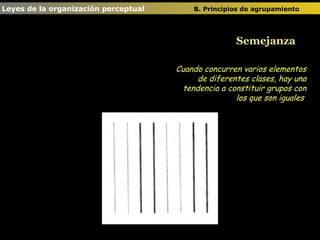 Semejanza Cuando concurren varios elementos de diferentes clases, hay una tendencia a constituir grupos con los que son iguales  Leyes de la organización perceptual  B. Principios de agrupamiento   