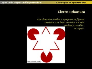 Los elementos tienden a agruparse en figuras completas. Las áreas cerradas son más estables y sencillas  de captar . Leyes de la organización perceptual  B. Principios de agrupamiento   Cierre o clausura 