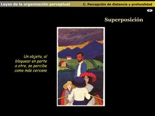 Leyes de la organización perceptual    C. Percepción de distancia y profundidad   Superposición Un objeto, al bloquear en parte a otro, se percibe como más cercano 