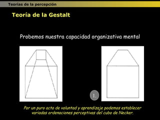Probemos nuestra capacidad organizativa mental Por un puro acto de voluntad y aprendizaje podemos establecer variadas ordenaciones perceptivas del cubo de Necker. 1. Teoría de la Gestalt Teorías de la percepción 