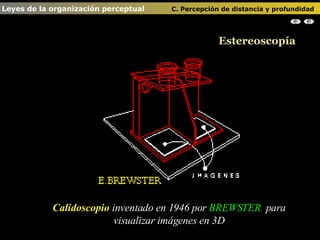 Calidoscopio  inventado en 1946 por  BREWSTER   para visualizar imágenes en 3D Estereoscopía Leyes de la organización perceptual    C. Percepción de distancia y profundidad                                                                                                                                                