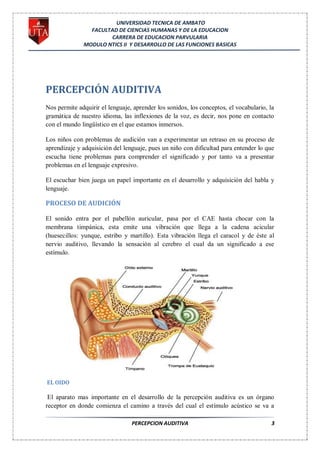 UNIVERSIDAD TECNICA DE AMBATO
                FACULTAD DE CIENCIAS HUMANAS Y DE LA EDUCACION
                      CARRERA DE EDUCACION PARVULARIA
              MODULO NTICS II Y DESARROLLO DE LAS FUNCIONES BASICAS




PERCEPCIÓN AUDITIVA
Nos permite adquirir el lenguaje, aprender los sonidos, los conceptos, el vocabulario, la
gramática de nuestro idioma, las inflexiones de la voz, es decir, nos pone en contacto
con el mundo lingüístico en el que estamos inmersos.

Los niños con problemas de audición van a experimentar un retraso en su proceso de
aprendizaje y adquisición del lenguaje, pues un niño con dificultad para entender lo que
escucha tiene problemas para comprender el significado y por tanto va a presentar
problemas en el lenguaje expresivo.

El escuchar bien juega un papel importante en el desarrollo y adquisición del habla y
lenguaje.

PROCESO DE AUDICIÓN

El sonido entra por el pabellón auricular, pasa por el CAE hasta chocar con la
membrana timpánica, esta emite una vibración que llega a la cadena acicular
(huesecillos: yunque, estribo y martillo). Esta vibración llega el caracol y de éste al
nervio auditivo, llevando la sensación al cerebro el cual da un significado a ese
estímulo.




EL OIDO

 El aparato mas importante en el desarrollo de la percepción auditiva es un órgano
receptor en donde comienza el camino a través del cual el estímulo acústico se va a

                                 PERCEPCION AUDITIVA                                    3
 