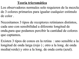 Los observadores normales solo requieren de la mezcla de 3 colores primarios para igualar cualquier estímulo de color . Necesitamos 3 tipos de receptores retinianos distintos, cada uno con sensibilidad a diferente longitud de onda,para que podamos percibir la cantidad de colores que captamos. Existen 3 tipos de conos en la retina  : uno sensible a la longitud de onda larga (rojo ) ; otro a la long. de onda media(verde) y otro a la long. de onda corta (azul).   Teoría tricromática   