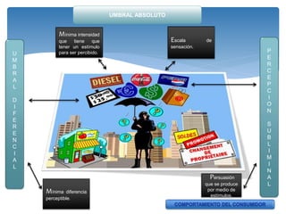 U
M
B
R
A
L
D
I
F
E
R
E
N
C
I
A
L
UMBRAL ABSOLUTO
P
E
R
C
E
P
C
I
O
N
S
U
B
L
I
M
I
N
A
L
Mínima intensidad
que tiene que
tener un estímulo
para ser percibido.
Escala de
sensación.
Mínima diferencia
perceptible.
Persuasión
que se produce
por medio de
estímulos.
 