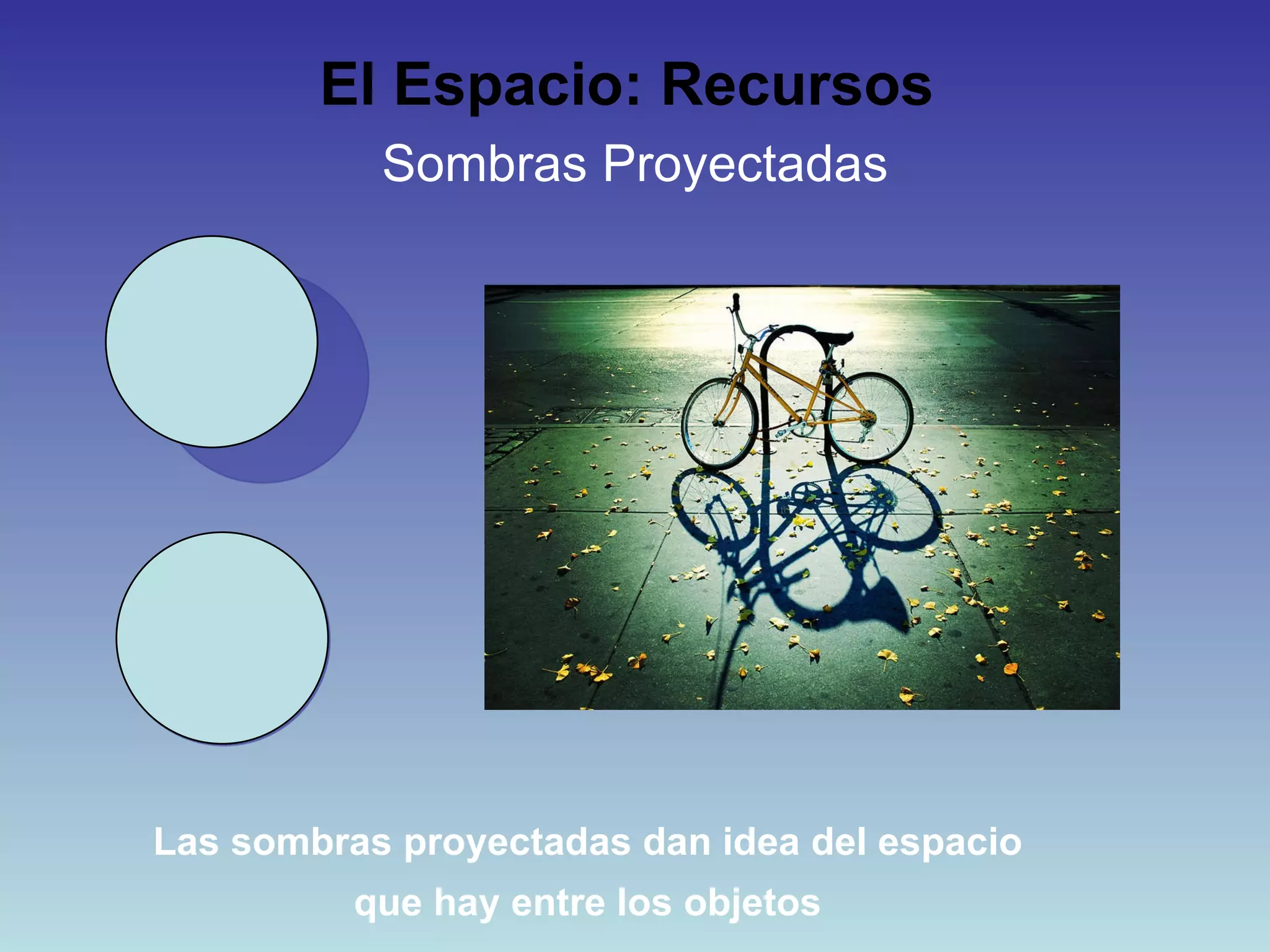 El Espacio: Recursos   Sombras Proyectadas Las sombras proyectadas dan idea del espacio que hay entre los objetos 
