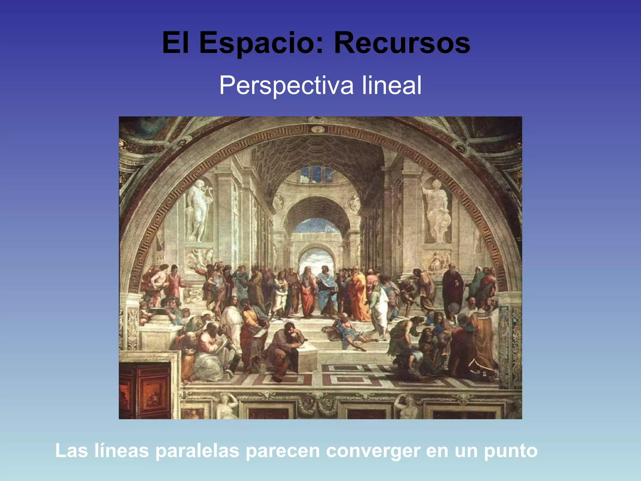 El Espacio: Recursos   Perspectiva lineal Las líneas paralelas parecen converger en un punto 