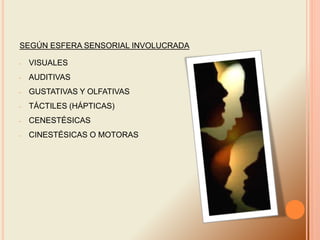 SEGÚN ESFERA SENSORIAL INVOLUCRADA
- VISUALES
- AUDITIVAS
- GUSTATIVAS Y OLFATIVAS
- TÁCTILES (HÁPTICAS)
- CENESTÉSICAS
- CINESTÉSICAS O MOTORAS
 