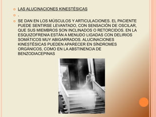  LAS ALUCINACIONES KINESTÉSICAS
 .
 SE DAN EN LOS MÚSCULOS Y ARTICULACIONES. EL PACIENTE
PUEDE SENTIRSE LEVANTADO, CON SENSACIÓN DE OSCILAR,
QUE SUS MIEMBROS SON INCLINADOS O RETORCIDOS. EN LA
ESQUIZOFRENIA ESTÁN A MENUDO LIGADAS CON DELIRIOS
SOMÁTICOS MUY ABIGARRADOS. ALUCINACIONES
KINESTÉSICAS PUEDEN APARECER EN SÍNDROMES
ORGÁNICOS, COMO EN LA ABSTINENCIA DE
BENZODIACEPINAS
 