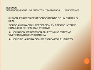RESUMEN:
DIFERENCIAS ENTRE LOS DISTINTOS TRASTORNOS PERCEPTIVOS
- ILUSIÓN: ERRORES DE RECONOCIMIENTO DE UN ESTÍMULO
REAL
- SEUDOALUCINACIÓN: PERCEPCIÓN EN ESPACIO INTERNO
CON JUICIO DE REALIDAD POSITIVO
- ALUCINACIÓN: PERCEPCIÓN SIN ESTÍMULO EXTERNO
VIVENCIADA COMO VERDADERA
- ALUCINOSIS: ALUCINACIÓN CRITICADA POR EL SUJETO.
 