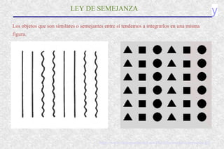 yLEY DE SEMEJANZA
Los objetos que son similares o semejantes entre sí tendemos a integrarlos en una misma
figura.
http://www.santiagoapostol.net/filosofia/images/semejanza.gif
 