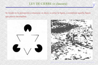 yLEY DE CIERRE (o clausura)
Se tiende en la percepción a clausurar, es decir, a cerrar la figura, a completar aquella figura
que parece incompleta.
http://rt001473.eresmas.net/PERCEPCION/cont_ilu.htm
 