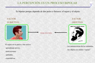 yLA PERCEPCIÓN ES UN PROCESO BIPOLAR
Es bipolar porque depende de dos polos o factores: el sujeto y el objeto.
FACTOR
SUBJETIVO
FACTOR
OBJETIVO
El sujeto no es pasivo, sino activo.
-aprendizaje previo.
-motivaciones.
-aptitudes.
-expectativas.
Las características de los estímulos.
-los objetos no emiten “copias”
PERCEPCIÓN
 