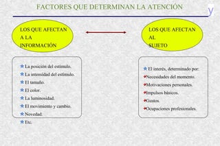 yFACTORES QUE DETERMINAN LA ATENCIÓN
LOS QUE AFECTAN
A LA
INFORMACIÓN
LOS QUE AFECTAN
AL
SUJETO
La posición del estímulo.
La intensidad del estímulo.
El tamaño.
El color.
La luminosidad.
El movimiento y cambio.
Novedad.
Etc.
El interés, determinado por:
Necesidades del momento.
Motivaciones personales.
Impulsos básicos.
Gustos.
Ocupaciones profesionales.
 