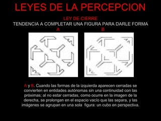LEYES DE LA PERCEPCION LEY DE CIERRE TENDENCIA A COMPLETAR UNA FIGURA PARA DARLE FORMA A  B A  y  B . Cuando las formas de la izquierda aparecen cerradas se convierten en entidades autónomas sin una continuidad con las próximas; al no estar cerradas, como ocurre en la imagen de la derecha, se prolongan en el espacio vacío que las separa, y las imágenes se agrupan en una sola  figura: un cubo en perspectiva. 